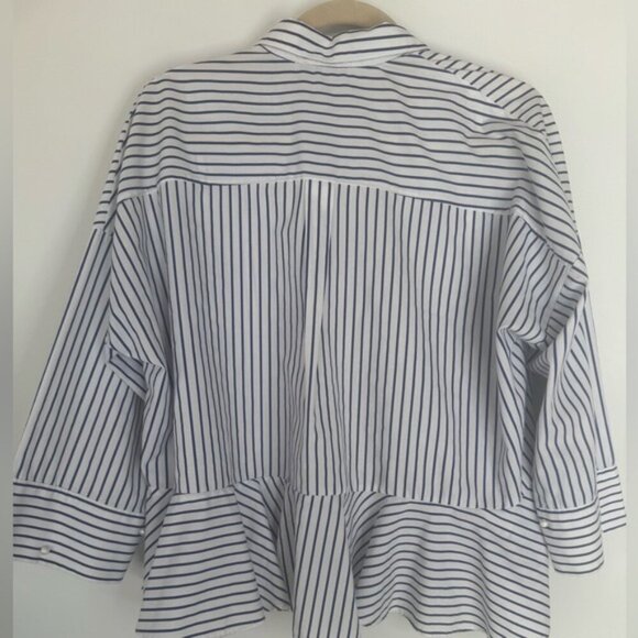ZARA Blue & White Button-Down Shirt w/ Peplum Back & Pearl Sleeve Accents – S - Picture 2 of 16